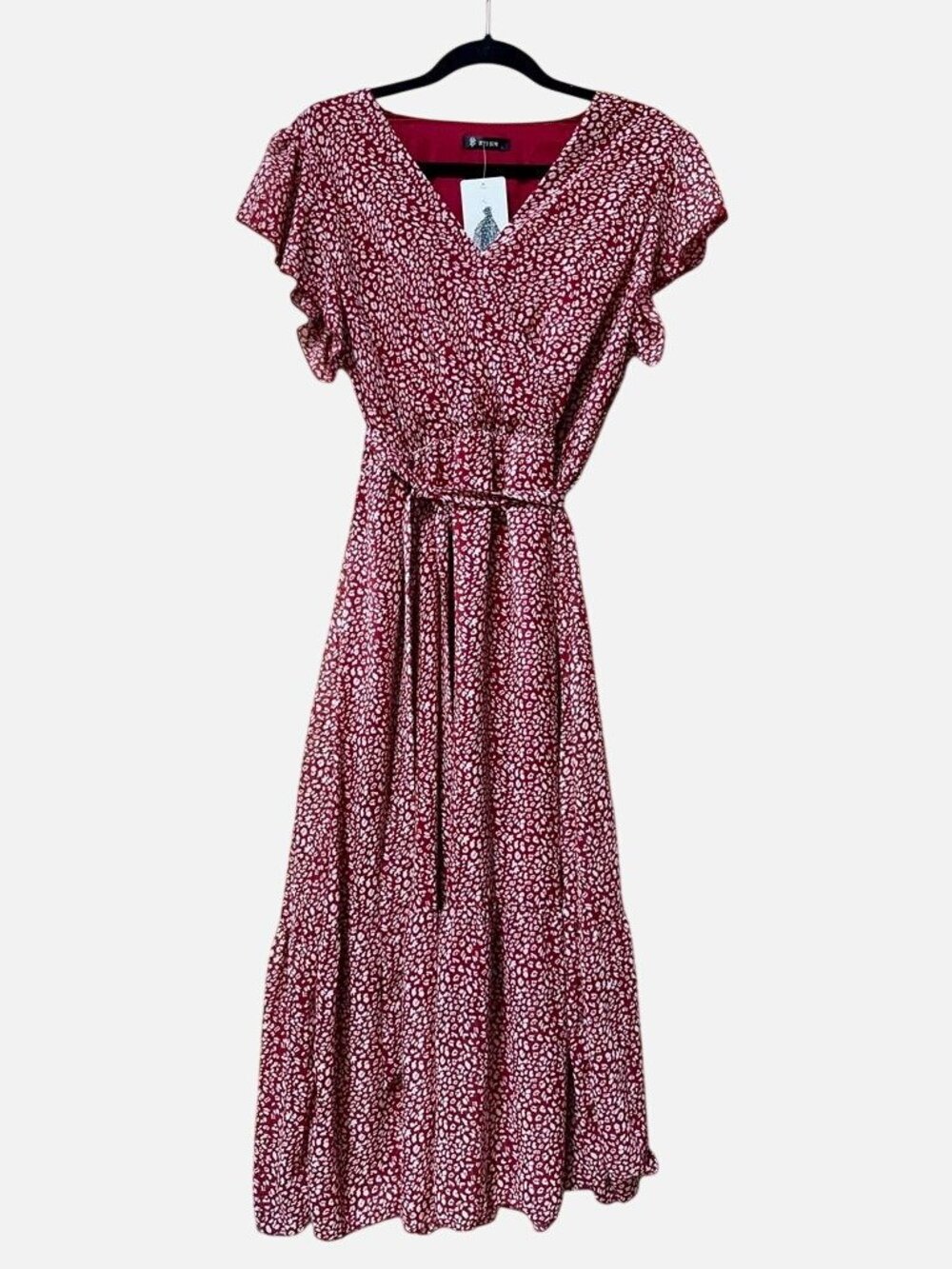 BTFBM Womens L Red Cream Leopard Print Wrap Maxi Dress Flutter Sleeve NWT